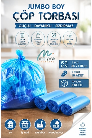 Çöp Torbası Jumbo Boy 10'lu X 5 Rulo Mavi Çöp Poşeti 80x110 Cm