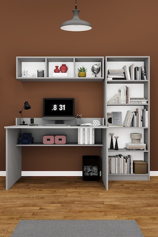 Asra Trend Çalışma Masası Seti ÇMT001 %100 MDF Kitaplıklı Raflı Ofis Takımı Kül Gri