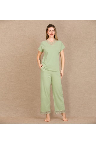 Hrşytrend Herşeytrend Pamuklu Şık Tasarım Dantel İşlemeli Yeşil Kısa Kol Pijama Takımı Yeşil