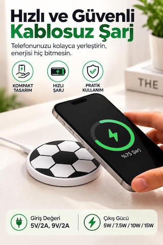 Torima Kablosuz Şarj Cihazı Futbol Topu Görünümlü 15w Hızlı Şarj Pad Mc07 Beyaz
