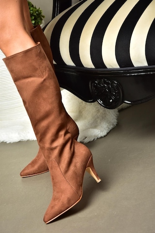 Fox Shoes R372453002 Taba Süet İnce Topuklu Kadın Çizme Taba