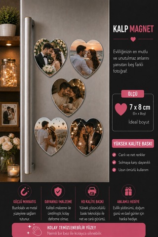 5'li Kalp Düğün Ve Evlilik Fotoğraf Magneti Kişiselleştirilebilir Romantik Anı Hediyesi