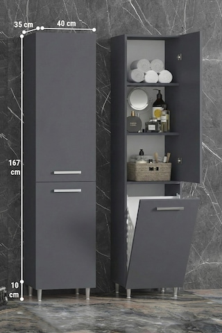 40x167 Cm Antrasit Gri Mdf Sepetli Ayaklı Banyo Boy Dolabı