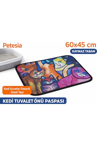 Petesia Kedi Tuvalet Önü Elekli Paspas 60x45 Cm Kedi Suratlar Desenli, Kaymaz Taban