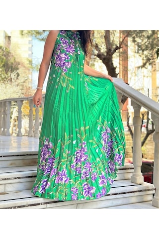 Lasorella Butik Yeşil Çiöek Desenli Astarsız Saten Elbise Yeşil