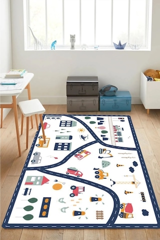 Dijital Araba Yollu Eğitici Kaymaz Yıkanabilir Çocuk Halısı Çocuk Oyun Halısı Çocuk Odası Dekor DC-9117 Beyaz