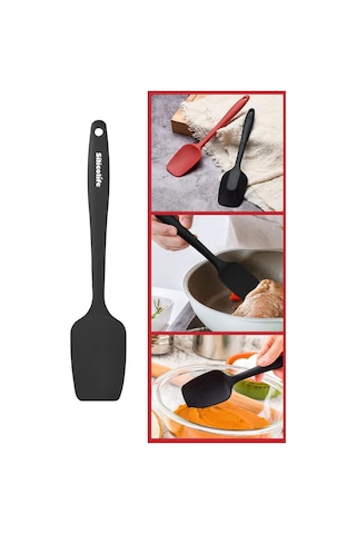 Kaşık Spatula, Isıya Dayanıklı Yanmaz Yapışmaz Tek Parça Silikon Kaşık Spatula 27cm Siyah Siyah