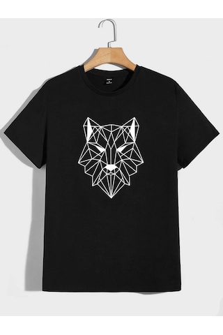 Geometrik Kurt Desen T-shirt - Siyah Baskılı Oversize Bisiklet Yaka Kısa Kol Tişört Siyah