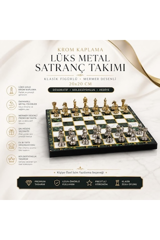 Lüks Metal Satranç Takımı Krom Figürlü 20 X 20 Cm Yeşil Mermer Desenli Dekoratif Özel Hediye Seti