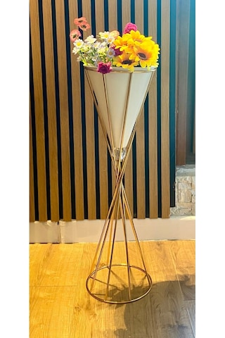Dekoratif Modern Salon Bahçe Teras Uyumlu 2'li Taşlı Burgu Vazo Beyaz - Gold