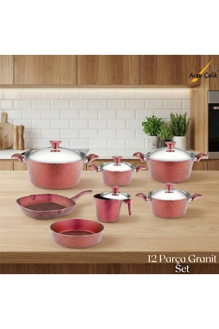 12 Parça Granit Set Çelik Kapak - Kırmızı Kırmızı