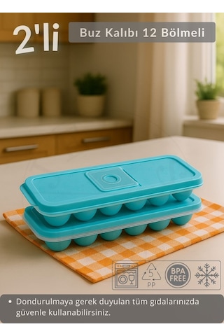 2'li Set Buz Kalıbı 12 Bölmeli Esnek Silikon Buz Küpü Bpa Free Kare Bas Parmak Buzluk Çapı 3,5 Cm Mavi Yeşil