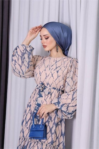 Neşeli Butik Kadın Şifon Eteği Fırfırlı Desenli Tesettür Elbise Sms008 Mavi