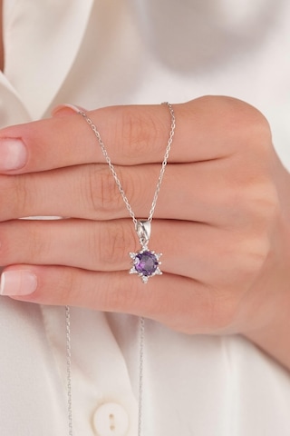 Gümüş Pırlanta Modeli Mor Ametist Taşlı Lotus Çiçeği Kolye