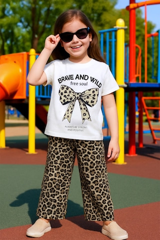 Kız Çocuk Yazlık İkili Takım Leopar Baskılı B46 Krem