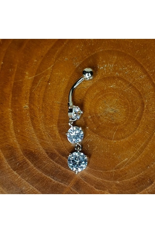 Aya Tasarım Gümüş Renk Üç Taşlı Göbek Piercing