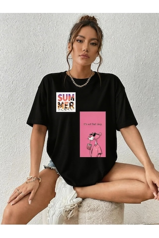 Pink Panther Holiday Oversize Siyah Tişört Siyah