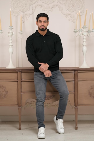 Woolen World Polo Yaka Düz Renk Yünlü Erkek Triko Kazak Siyah