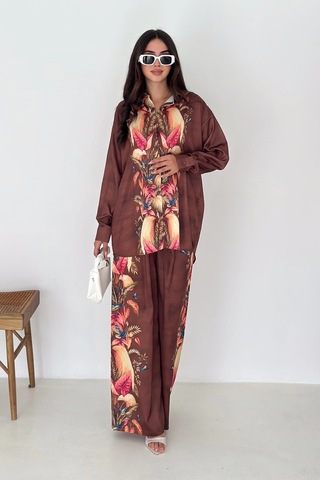 Saten Kumaş Desenli Takım Kahverengi Kahverengi