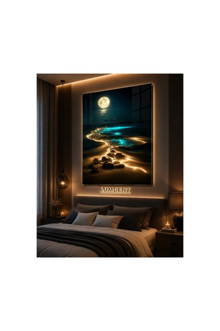 Ay Işığı Sahili Cam Tablo 4 Mm Temperli Cam Üzerine Premium Uv Baskılı Dekoratif Deniz Manzaralı Duvar Tablosu Salon, Yatak Odası Ve Ofis Dekoru