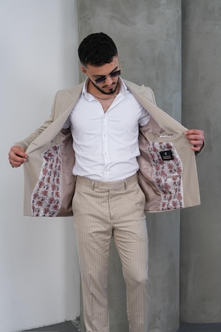 Dupont Classics Dupont Slim Fit Sivri Yaka 6 Drop Çift Yırtmaç Çizgili Viskon Kruvaze Erkek Takım Elbise Bej
