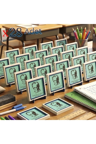 Öğretmen Mesajlı Mezuniyet Hatırası 28'li Set, Atatürk Silüetli Dekoratif Masaüstü Obje, 10x10 Cm
