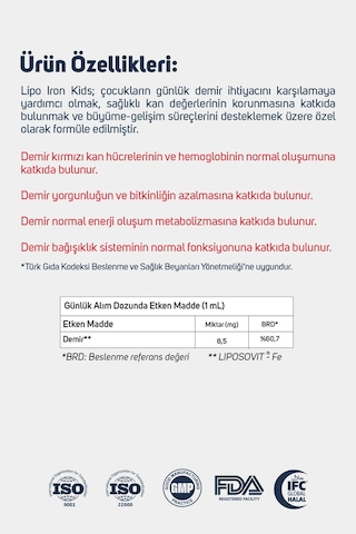 Sıdrex Lıpo Iron Kıds 30 Ml Demir, B1, B12 Ve Foik Asit İçeren Takviye Edici Gıda