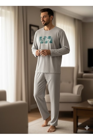 Erkek Uzun Kol Pijama Takım Açık Gri