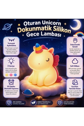 Rose Teknoloji Oturan Unicorn Dokunmatik Gece Lambası 3 Kademeli Otomatik Kapanma Özellikli Yumuşak Işık Beyaz