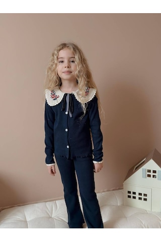 Miniko Kids Kız Çocuk Yaka Dantelli Fitilli Kaşkorse Bayramlık Taytlı Takım Lacivert