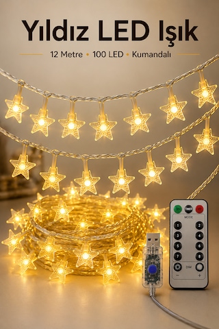 12 Metre 100 Led Yıldız Işık Sarı Renk Usb Kumandalı 8 Modlu Dekoratif Led Aydınlatma Sarı Işık