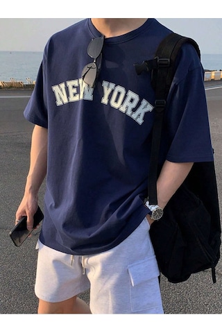 Flood Of Style Erkek Lacivert Düz New York Baskılı Oversize