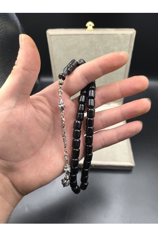 Osmanlı Benzetme Çubuk Sıkma Tesbih Oltu Renginde, 9x10 Mm Gümüş
