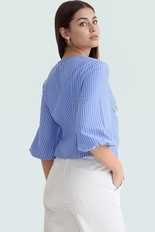 Ersefa Yazlık Kısa Kol Çizgili Terrycotton Bluz V Yaka Casual Modern Sti Mavi