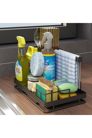 Moveevo Banyo Mutfak Sulama Kuyusu Organizerı: Çelik Rustsuz Su Biriktirici Tabla, Fırça-sünger Bezi Saklama Rafları, Ayrıntılı Bölmeli Usable Tasarım Siyah