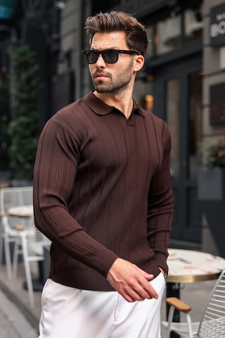 Madmext Kahverengi Polo Yaka Desenli Over Fit Erkek Triko Kazak E7517
