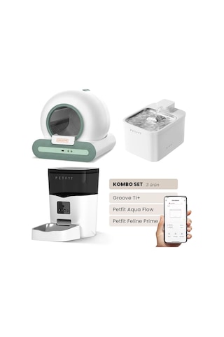 Groove Ti+ Akıllı Otomatik Kedi Tuvaleti Yeşil - Petfit Aqua Flow Akıllı Bataryalı Su Pınarı Çeşmesi + Petfit Feline Prime Akıllı Otomatik Mama Kabı Bundle