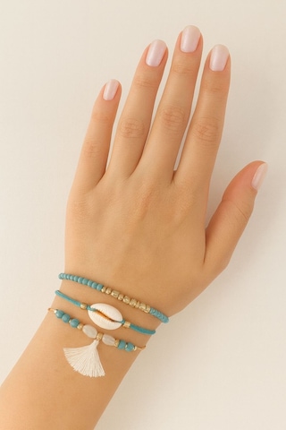 3lü Deniz Kabuklu İncili Püsküllü Asansörlü Lastikli Turkuaz İp Bileklik. Kadın İp Bileklik Halhal Çok Renkli