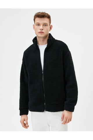 Koton Peluş Sweatshirt Fermuarlı Dik Yaka Yumuşak Dokulu Siyah 4wam70437mk Siyah