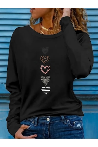 Kadın Uzun Kollu Bisiklet Yaka Desenli Viskon Bluz Siyah