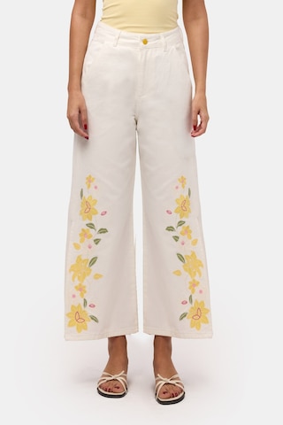 Itsbasic Kadın Kırık Beyaz 7s6-101 Culotte Fit Çiçek Nakışlı Tasarım Denim Jean