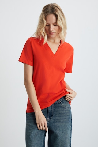 Grımelange Alıne Kadın %100 Organik Pamuk Derin V Yakalı Comfort Fit Kırmızı T-shirt