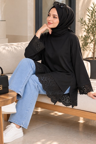 Aymiraa Kadın Dantel Detaylı Uzun Tunik Tesettür Sweatshirt Bisiklet Yaka Rahat Kesim SiYAH