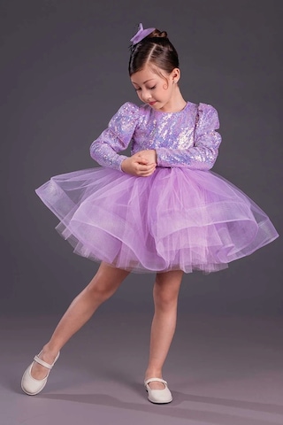 Uzun Kol Balerin Elbise Tütü Etek Pul Payetli Lila