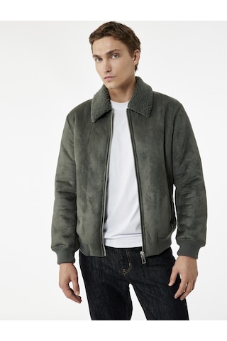 Koton Peluş Yaka Fermuarlı Slim Fit Uzun Kollu Kışlık Suni Süet Ceket Yeşil 6wam20161hw Yeşil