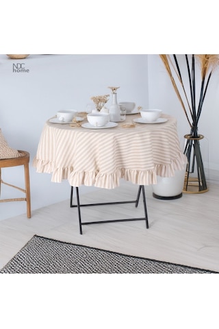 Dnc Home Tekstil Sütlü Kahve Çizgili Keten Yuvarlak Fırfırlı Masa Örtüsü Sütlükahve