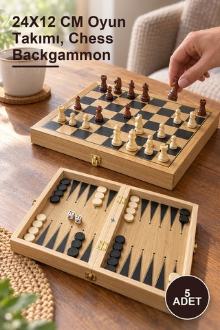 5 Adet Ahşap Satranç Ve Tavla Seti 24x12 Cm Oyun Takımı, Chess Backgammon
