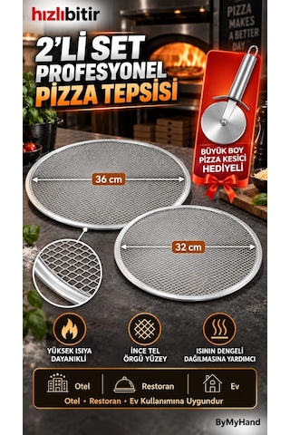 Bymyhand Metal Sanayi Tipi Profesyonel Pizza Tepsisi 2'li Set 32 36 Cm Pizza Kesici Hediyeli Büyük B Çok Renkli
