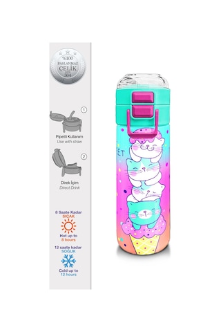 Coral High Kidsrenkli Dondurmalı Kedi Desenli Pipetli Ve Direkt İçim Çelik Termos 500 Ml 31812 Yeşil - Beyaz