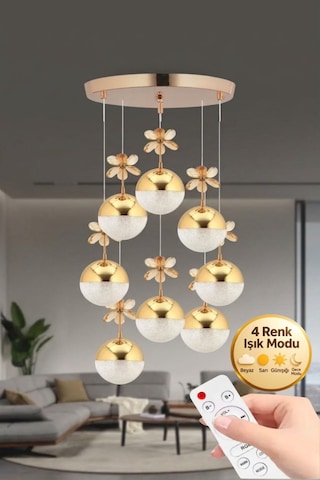 Lumia Lighting Küre Model Siyah 6"lı Ledli 3 Renk Modu Kristal Salon Mutfak Yatak Çocuk Odası Avize Altın